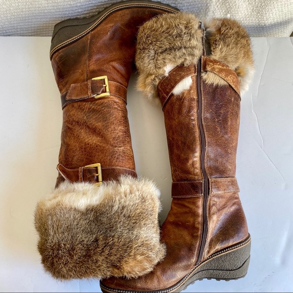 HVOFFERS🔜 8 Leather Rabbit Fur Wedge Heel Boots - Picture 5 of 8